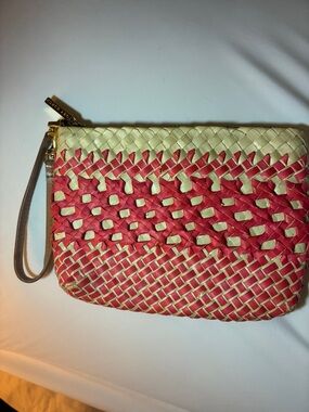 Tory Burch Red and Cream Woven Wristlet Clutch